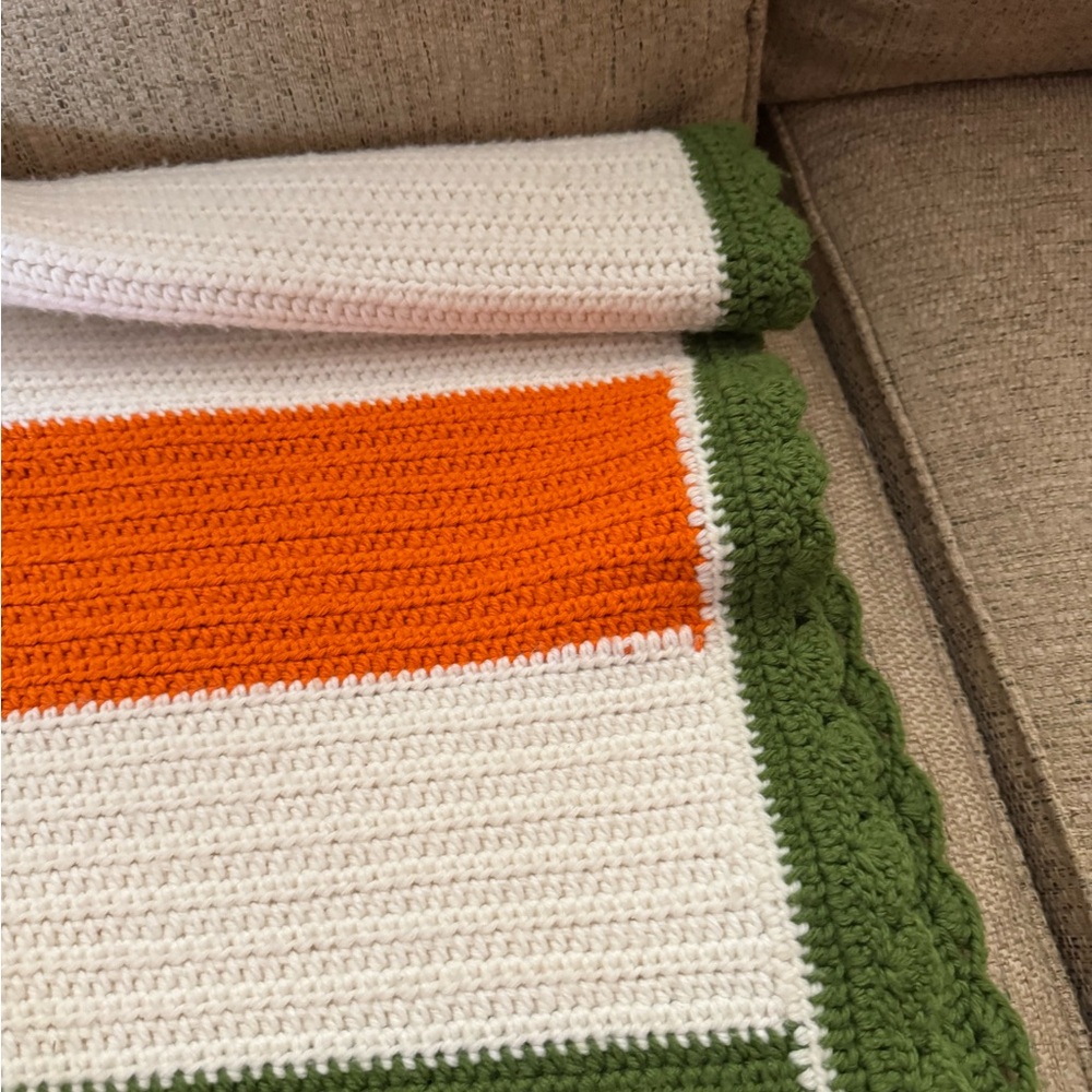 Hand Crafted Orange, White and‎ Green Crochet Throw